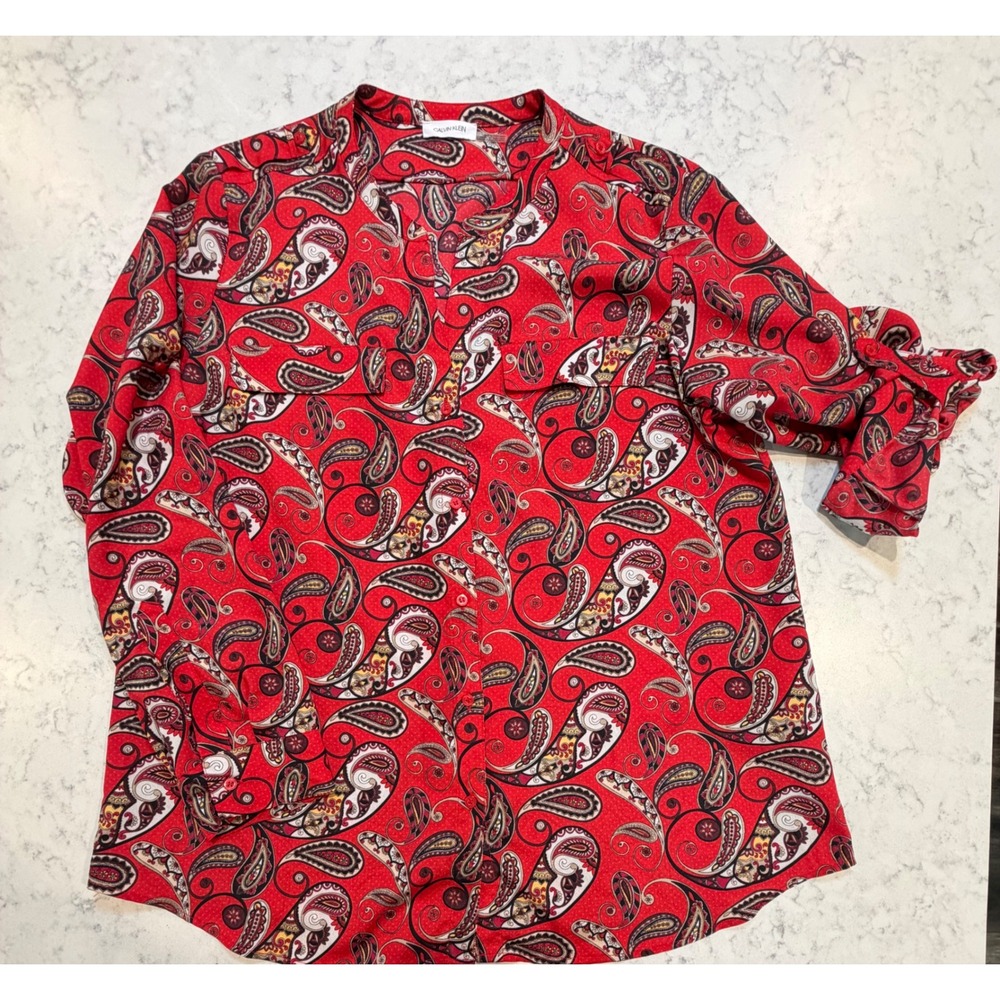 Calvin Klein Red Paisley Roll Tab Sleeve Button Down Blouse Top Womens XL